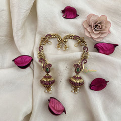 Vriksham Golden Finish Peacock Bridal Earcuff Earrings-Pearl-Red-G19213