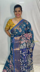 Vriksham Blue Kalamkari Saree With Kanchi Border-VS4386