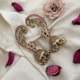 Vriksham Golden Finish Floral Earcuff Jhumkas Earrings-Green White-Gold Bead-Pearl-G19214