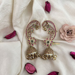 Vriksham Golden Finish Floral Earcuff Jhumkas Earrings-Green White-Gold Bead-Pearl-G19214