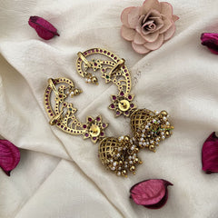 Vriksham Golden Finish Floral Earcuff Jhumkas Earrings-Green White-Gold Bead-Pearl-G19214