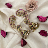 Vriksham Golden Finish Floral Ear cuff Jhumkas Earrings-Red Green-Gold Bead-Pearl-G19217