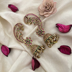 Vriksham Golden Finish Floral Ear cuff Jhumkas Earrings-Red Green-Gold Bead-Pearl-G19217