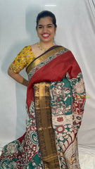 Vriksham Red Green Kalamkari Saree With Kanchi Border-VS4396