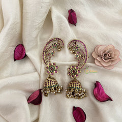 Vriksham Golden Finish Floral Ear cuff Jhumkas Earrings-Red Green-Gold Bead-Pearl-G19217