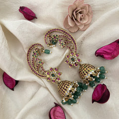 Vriksham Golden Finish Floral Earcuff Jhumkas Earrings-Green White-Green Bead-Pearl-G19215