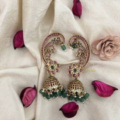 Vriksham Golden Finish Floral Earcuff Jhumkas Earrings-Green White-Green Bead-Pearl-G19215