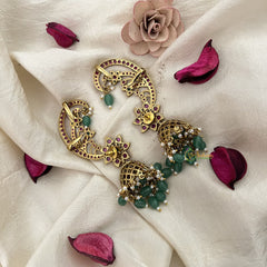 Vriksham Golden Finish Floral Earcuff Jhumkas Earrings-Green White-Green Bead-Pearl-G19215