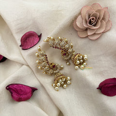 Vriksham Traditional Peacock Shaped Earcuff Earrings-Red-Pearl-G19208