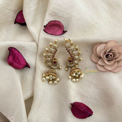 Vriksham Traditional Peacock Shaped Earcuff Earrings-Red-Pearl-G19208