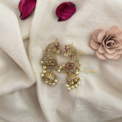 Vriksham Designer Peacock Shaped Earcuff Earrings-Red-Pearl-G19211