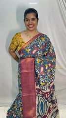 Vriksham Teal Blue Kalamkari Saree with Kanchi Border-VS4215