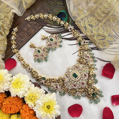 Vriksham Designer Gold Plated Lakshmi Pendant With Peacock Neckpiece-Aqua Green Bead-G19144