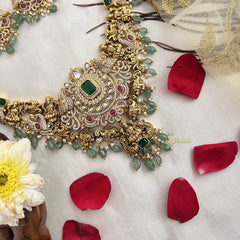 Vriksham Designer Gold Plated Lakshmi Pendant With Peacock Neckpiece-Aqua Green Bead-G19144