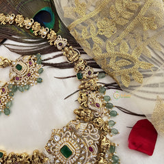 Vriksham Designer Gold Plated Lakshmi Pendant With Peacock Neckpiece-Aqua Green Bead-G19144