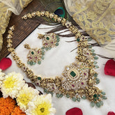 Vriksham Designer Gold Plated Lakshmi Pendant With Peacock Neckpiece-Aqua Green Bead-G19144