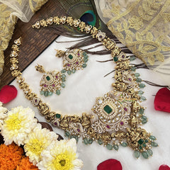 Vriksham Designer Gold Plated Lakshmi Pendant With Peacock Neckpiece-Aqua Green Bead-G19144