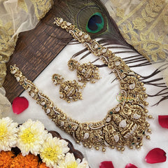 Vriksham Dual Elephant Gold Plated Lakshmi Pendant With Peacock Long Neckpiece-Gold Bead-G19145