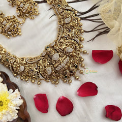 Vriksham Dual Elephant Gold Plated Lakshmi Pendant With Peacock Long Neckpiece-Gold Bead-G19145