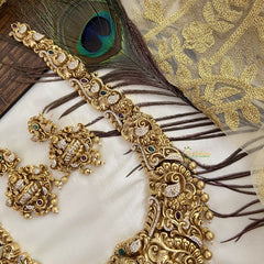 Vriksham Dual Elephant Gold Plated Lakshmi Pendant With Peacock Long Neckpiece-Gold Bead-G19145