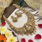 Vriksham Dual Elephant Gold Plated Lakshmi Pendant With Peacock Long Neckpiece-Gold Bead-G19145