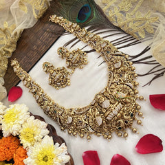 Vriksham Dual Elephant Gold Plated Lakshmi Pendant With Peacock Long Neckpiece-Gold Bead-G19145