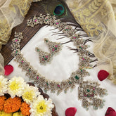 Vriksham Elephant With Peacock Style Bridal Long Neckpiece-Aqua Green Bead-G19140