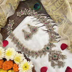 Vriksham Elephant With Peacock Style Bridal Long Neckpiece-Aqua Green Bead-G19140