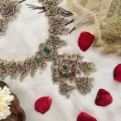 Vriksham Elephant With Peacock Style Bridal Long Neckpiece-Aqua Green Bead-G19140