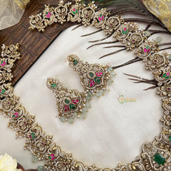 Vriksham Elephant With Peacock Style Bridal Long Neckpiece-Aqua Green Bead-G19140