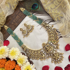 Vriksham Antique Gold Lakshmi Temple With Green Beaded Long Necklace-Gold Bead-G19131