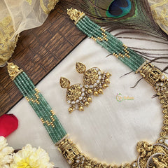 Vriksham Antique Gold Lakshmi Temple With Green Beaded Long Necklace-Gold Bead-G19131