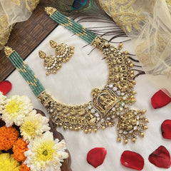 Vriksham Antique Gold Lakshmi Temple With Green Beaded Long Necklace-Gold Bead-G19131