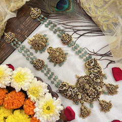 Vriksham Traditional Gold Lakshmi Temple With Aqua Green Beaded Haram-Aqua Green Bead-G19134