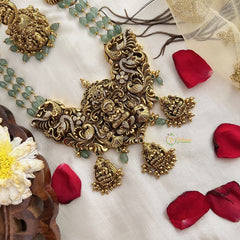 Vriksham Traditional Gold Lakshmi Temple With Aqua Green Beaded Haram-Aqua Green Bead-G19134