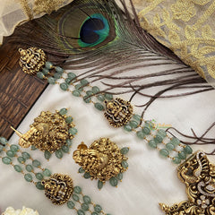 Vriksham Traditional Gold Lakshmi Temple With Aqua Green Beaded Haram-Aqua Green Bead-G19134