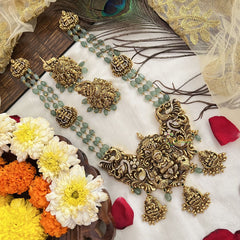 Vriksham Traditional Gold Lakshmi Temple With Aqua Green Beaded Haram-Aqua Green Bead-G19134
