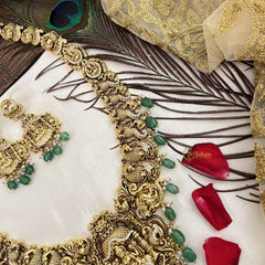 Vriksham Elegant Peacock Style AD Stone With Manga Long Haram-Green Bead-G19150