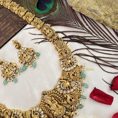 Vriksham Gold Plated Lakshmi Pendant With Peacock AD Stone Long Neckpiece-Aqua Green Bead-G19146