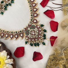 Vriksham Elegant Floral Design Pendant With 36 Manga Long Haram-Green Bead-G19148