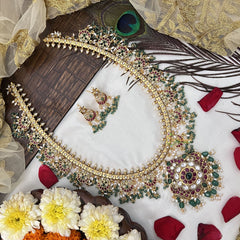 Vriksham Traditional Dual Peacock Guttapusalu Haaram-Rice Pearl & Green Bead-G19156