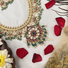 Vriksham Traditional Dual Peacock Guttapusalu Haaram-Rice Pearl & Green Bead-G19156