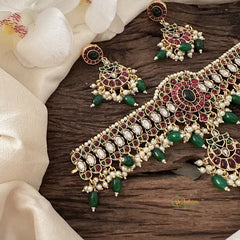 Vriksham Precious AD Stone High Neck Choker-Red Green-Pearls-Green Bead-G15807