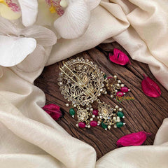 Vriksham Elegant Peacock Victorian Diamond Jada Billai-Red Green Bead & Pearls-VV2013