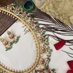 Vriksham Traditional Dual Peacock Guttapusalu Haaram-Rice Pearl & Green Bead-G19156