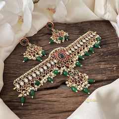 Vriksham Precious AD Stone High Neck Choker-Red Green-Pearls-Green Bead-G15807