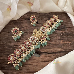 Vriksham Premium Lakshmi Flower High Neck Choker-Aqua Green Bead-Pearl-G15791