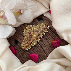 Vriksham Elegant Peacock Feather Gold Touch Style With Pearls Hair Clip-Red-G21488