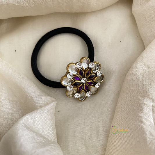 Purple & White Kundan Pendant Rubber Band -  Heart Shape Flower - H683