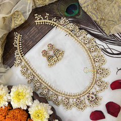 Vriksham Designer Lotus Floral Style Guttapusalu Long Neckpiece-Pearl-G19160